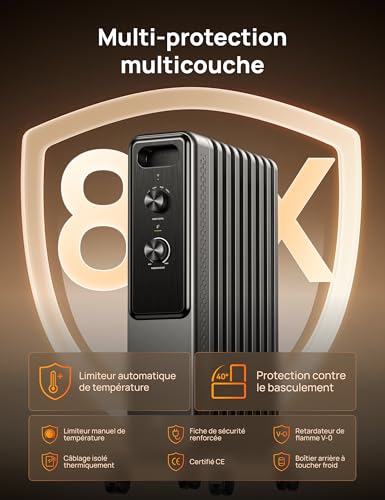 Dreo Radiateur à huile 2000W avec 9 ailettes, chauffage électrique silencieux pour chambre, thermostat réglable, protection surchauffe et basculement, sécurité enfant et mode économie d’énergie – Image 5