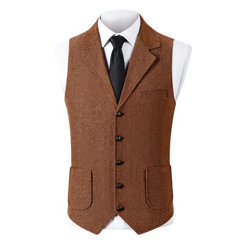 Mens Casual Vests Herringbone Tweed Waistcoat Vintage V-Neck Retro Wedding Travel Workwear Vest with Pockets2