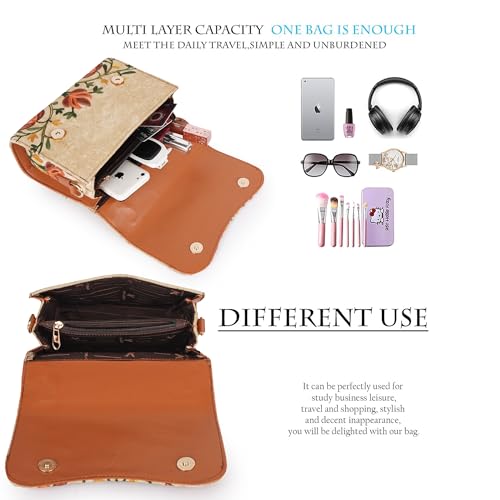 Image of Floral Embroidered Crossbody Sling Bag with Top Handle, Vintage Style Canvas for Women