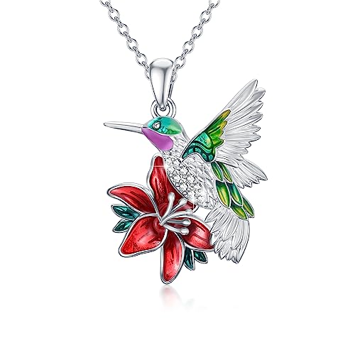 Lab Grown Diamond Hummingbird Necklace Sterling Silver Enamel Hummingbird Pendant Necklace Cute Animal Bird Necklace for Women Platinum Plated Silver (D Color, VVS Clarity)
