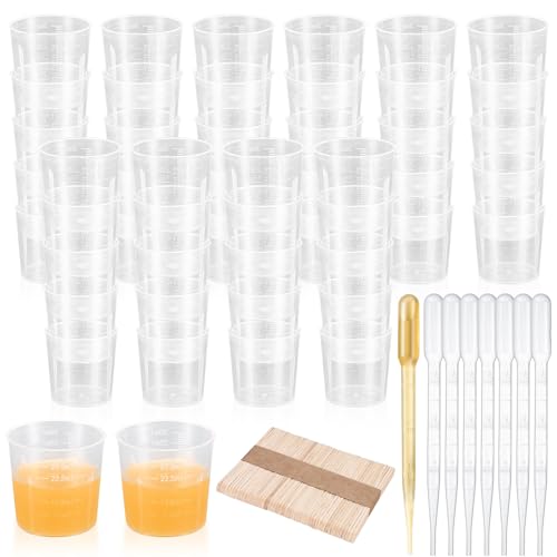 mauuuba 52 Stück 30ml Messbecher, Kleine Mischbecher, Meßbecher Kunststoff, Wiederverwendbar Farbmischbecher für Epoxidharz Gießformen Labor Kochen Malerei, Mit 50 Holzstäbchen, 20 Stück 3ml Pipetten