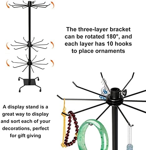 KingSaid 3 Tier Rotating Necklace Holder and 30 Hooks Jewelry Tree Display Stand Organizer for Necklaces, Bracelets, Earrings, Rings Black