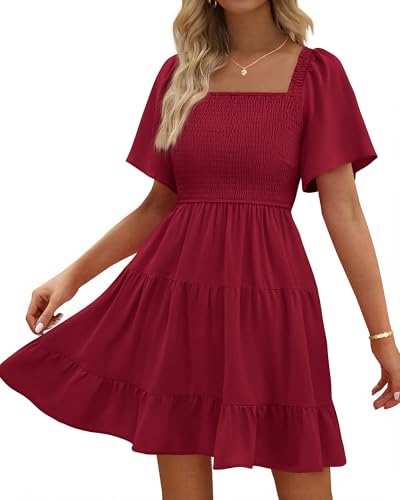 BTFBM Women's Summer Smocked Mini Dress Square Neck Flutter Sleeve Casual Ruffle Flared Swing Boho Beach Dresses Pockets