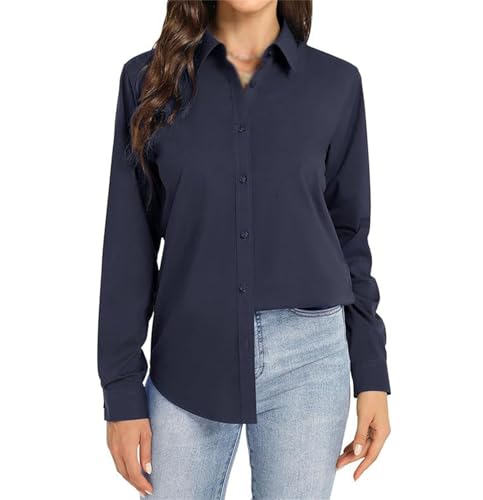 Camisas de vestir para mujer, ajustadas, con botones, de manga larga, elásticas, para negocios, casual, para el trabajo, la oficina, azul marino, 6XL Grande