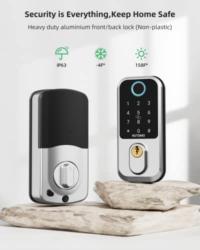 Smart Door Lock Handle Sets Keyless - Nutomo Fingerprint Deadbolt Handle Combo For Front Door - Auto Lock Electronic Digital Keypad App Code Bluetooth Alexa Key Fobs Entry For Airbnb Home - Silver… #TOP2