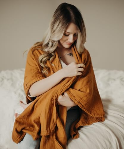 Image of Indi by Kishu Baby Organic Muslin Nursing Cover – Fairtrade Shawl-Style Breastfeeding Cover, Breathable Scarf Wrap for Moms, Privacy Nursing Cover Up (Caramel)