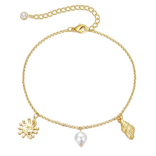 NIXMAX Gold Anklets for Women Waterproof Seashell Pearl Sun Ankle Bracelets