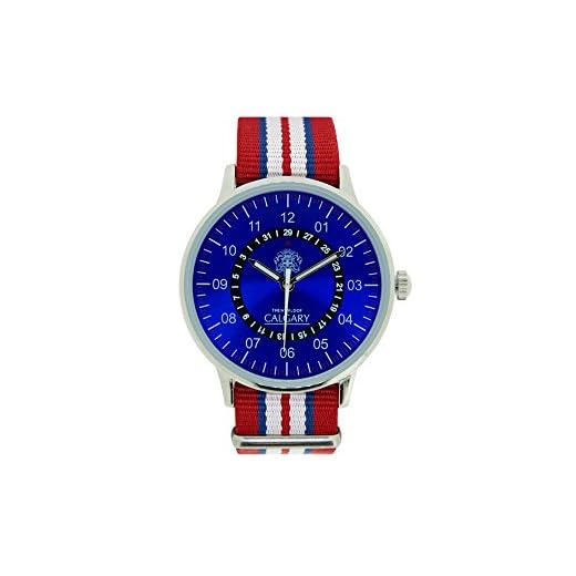 Relojes Calgary San Marine 1950. Reloj Vintage para Hombre, Correa de Tela roja, Blanca y Azul. Esfera Color Azul