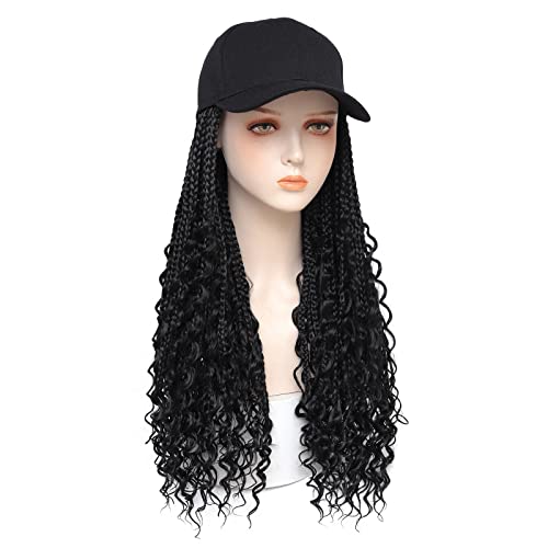 Goddess Box Braids Braiding Hair Baseball Cap Hat Wig Bohemian Curly Ends Box Braids Hat With Braided Boho Box Braids Hair Extensions For Black White Women Synthetic Braids Hat Wig With Hair Attached (20Inch, 1B) #TOP3