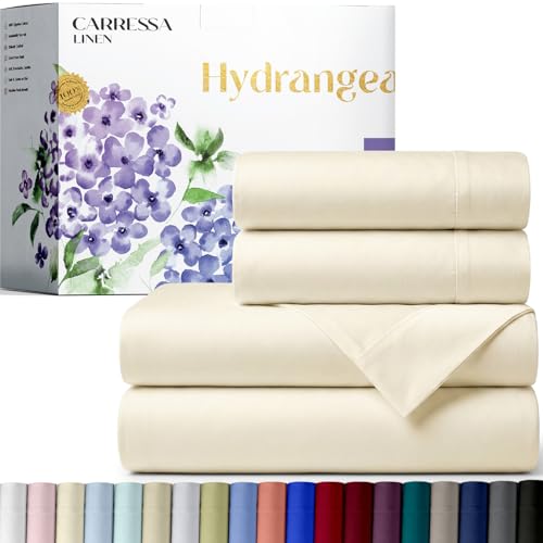 Carressa Linen 100% Egyptian Cotton Queen Sheet Set - 600 Thread Count Egyptian Cotton Queen Sheets Set (4 PC, Ivory Cream), Ultra Soft, Cooling, 16" Deep Pocket Sateen Weave Luxury Hotel Bed Sheet