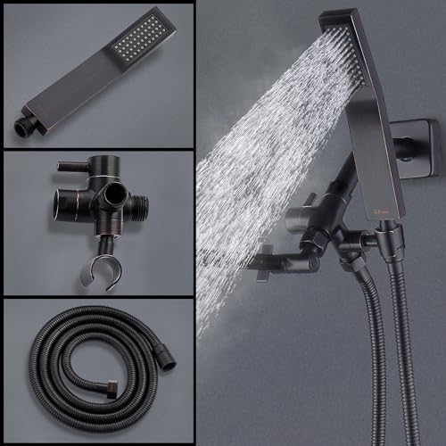 G-Promise All Metal 8" Dual Square Shower Head Combo | Rain Shower Head | Handheld Shower Wand | Adjustable Arm| Smooth 3-Way Diverter | 71" Extra Long Hose - A Bathroom Upgrade (Oil Rubbed Bronze)
