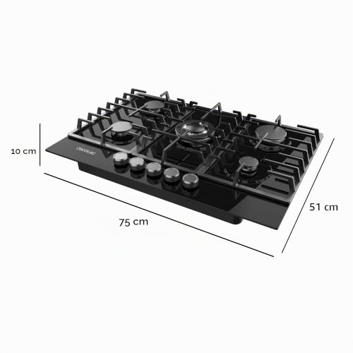 Miniatura 2 de Cecotec Placa de Gas 5 Fuegos Bolero Squad GN 5200F Glass Black. 11kW, Preparada para Gas Natural, Cristal Negro, Parrillas Completas de Hierro Fundido, Quemador Wok, Sistema de Seguridad