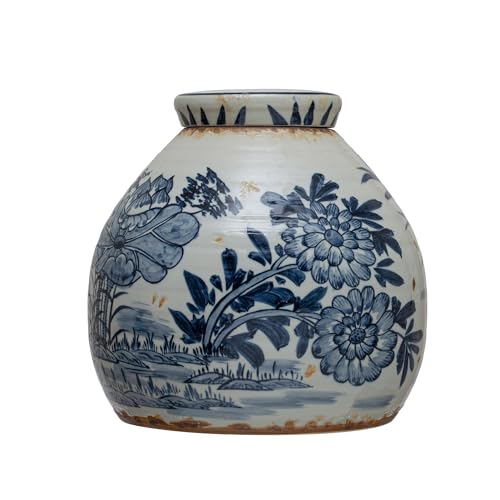 Creative Co-Op Decorative Stoneware Ginger Jar with Flower Prints and Distressed Finish, Blue and White