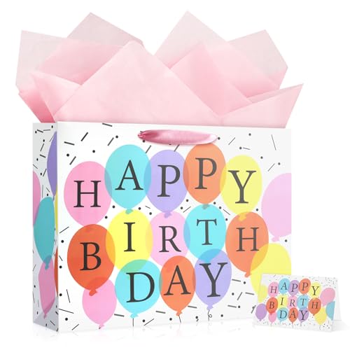 Image of JMANNI Large Happy Birthday Gift Bag with Tissue Papers and Greeting Card,Portable Paper Gift Bags with Handles,Present Bags for Women Birthday Party Supplies 13 inch x10.2 inchx4.7 inch(Coloured Balloon)