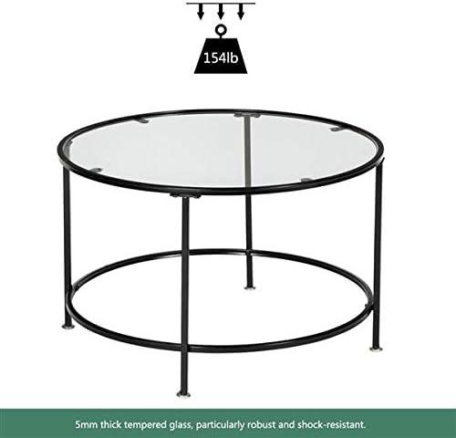 2 Layers 5mm Thick Tempered Glass Round Table, Countertops Round Wrought Iron Coffee Table, Home Office Furniture Creative Design Table for Living Room, Black