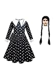 Wednesday Addams Kleid Mädchen Ballkleid Kostüm mit Perücke und Tasche Addams Family Cosplay Karneval Halloween Rollenspiel Outfit Kinder.