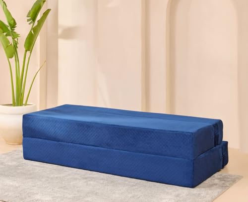 Image of uberlyfe Xtra High, Xtra Soft 3 Seater (6' x 6') Sofa Cum Bed | 1 Year Warranty | 17 inch Sofa Height | King Size Foldable Bed | Plush Laser Quilted Fabric | 2 Cushions Jharokha Pattern | Deep Blue Color