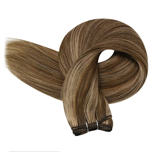 Image of Full Shine Weft Hair Extensions Human Hair Color Brown Highlight Honey Blonde Human Hair Extensions Sew In For Women Straight Human Hair