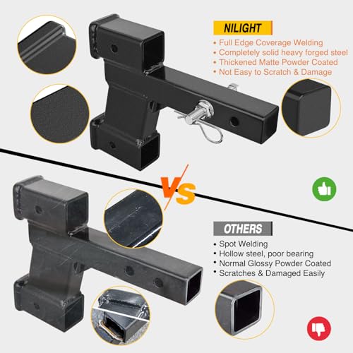 Image of Nilight Trailer Dual Hitch Extender for 2 Inch Receiver with 2 inch 6 inch Rise or Drop with Bolt Nut Clip 10,000 lbs Capacity Adjustable Extend 8 inch 10 inch Length Matte Black Powder Coated