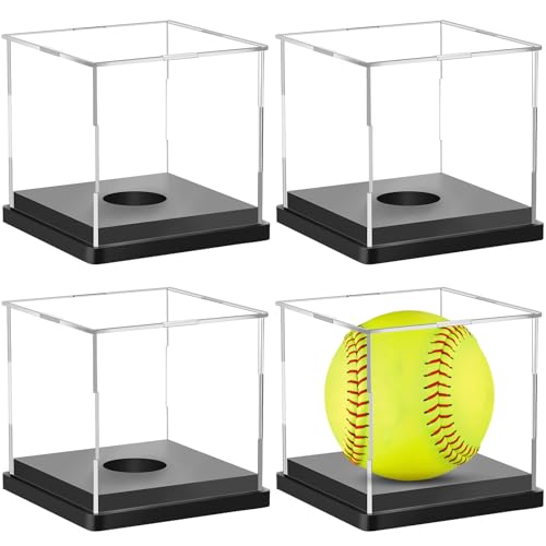 Image of Hooqict 4 Pack Arcylic Softball Display Case Clear Softball Holder UV Protected Stand Championship Display Case Memorabilia Square Box for Golf Tennis Game Ball Baseball