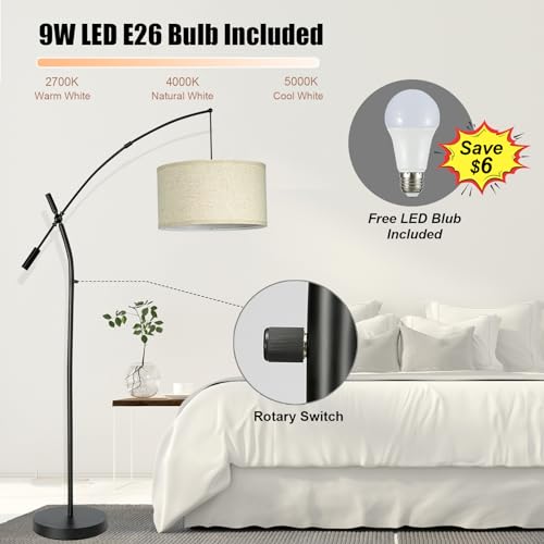 Feathmoo 17559-FD13 Arc Floor Lamp For Living Room, Modern Adjustable Swing Arm Floor Tall Lamp Traditional Standing Lamps For Bedroom, Overhanging Linen Drum Shade Vintage Floor Sofa Lamps thumb #1