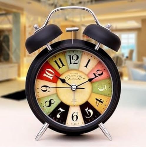 Image of DRONTER Metal Vintage Twin Bell Analog Display Table Alarm Clock With Night Led Light Heavy Slippers Extra Loud Alarm Clock Ideal For Student And Kids Bedroom (Black) (Black), 9 Centimeters, 12 CM