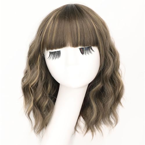 Image of AISI HAIR Synthetic Wavy Curly Bob Wig with Bangs Brown mix Caramel Blonde Short Hair for Women Synthetic Heat Resistant Bob Wigs