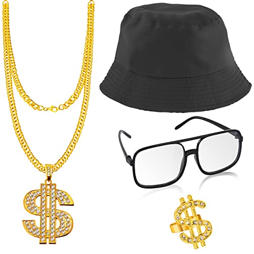 M MUNCASO Kit de déguisement Hip Hop des années 80/90 Ensemble d'accessoires de rappeur avec chapeau, lunettes de soleil, collier et bague(noir) Cover