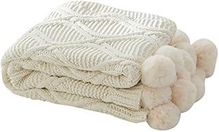 MYLUNE HOME Fleece Blanket Throw with Pompom130x160cm, White Knitted Throw Chunky Blanket Chenille for Sofa Chair Bed