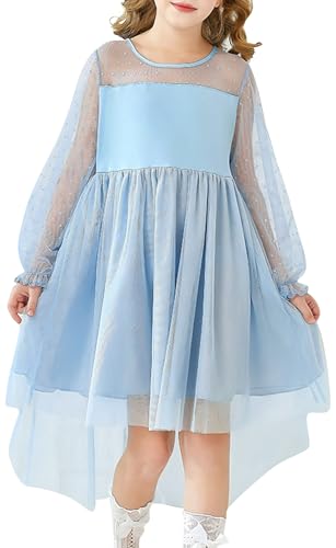 Happy Cherry Girls Puff Long Sleeve Contrast Mesh High Low Layered Dress Polka Dor Party Formal Sundress