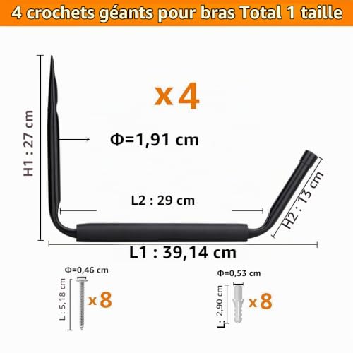 Ihomepark Crochet Mural Velo - Porte Velo Mural de Stockage de Garage Avec le Bras Jumbo，Garage Support Avec Revêtement Anti-Dérapant,Utilitaires Noir 4Pack – vue 3