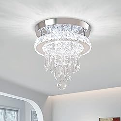 Lámparas Araña Modernas Baratas Fintonglan Cristal Candelabros LED Luz de Techo Moderna Ronda de Cristal Candelabro Chrome Flush Mount Luces de techo para el dormitorio Sala de estar Vestíbulo Pasillo Cocina (Blanco Frío)
