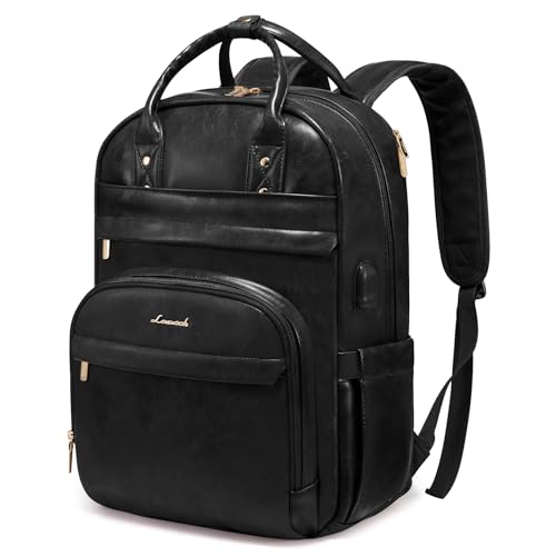 LOVEVOOK Leather Laptop Backpack, 15.6 Inch Vintage Leather Style Backpack with USB Charging Port, Large Capacity And Multiple Compartments Work Travel College Bag for Women Nurse and Teacher
