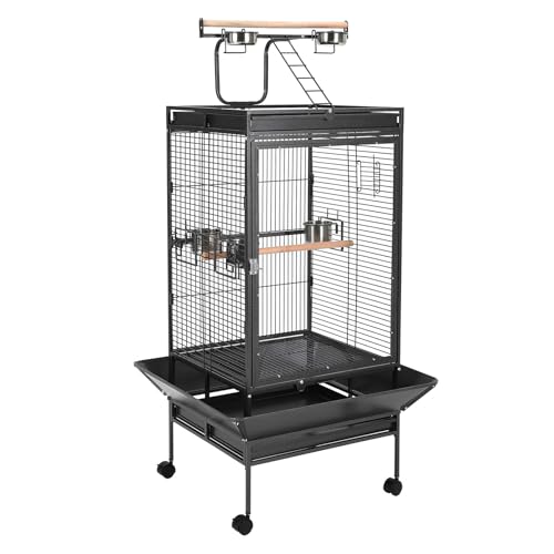64.4" Tall Large Bird Cage, Metal Parrot Cage with Play Top, Rolling Stand & Bowls - Bird Aviary for Parrots, Conures, Cockatiels, Parakeets, Indoor O
