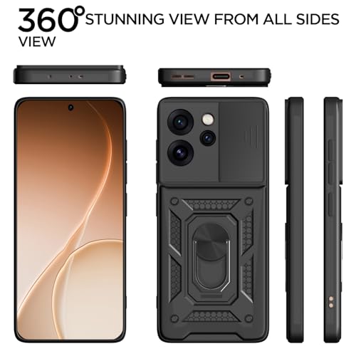 Image of Pikkme Back Cover for Oppo Reno 15 Pro Mini 5G | 360 Protection Case | Sliding Camera Shield Cover & Ring Holder Stand D10 Tough Armor Bumper Case (Black)