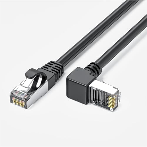 JUXINICE CAT6 Shield Ethernet Patch Cable 90 Degree Upward Right Angle, FTP Cat6e Gigabit rj45 Right Angle ethernet Cable for Mac,PC, Router, Modem, Printer, Xbox, PS4, PS3 Black(3.3Feet 1M, Upward)