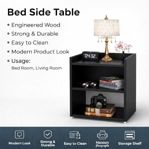 Image of SPYDER CRAFT 2 Tier Engineered Wood Bedside Table for Bedroom|Wooden Modern Side Tables for Bedroom|Side Table for Bed Room|Corner Table for Bed Room (Finish Color -Black, DIY(Do-It-Yourself))