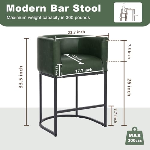 Image of 26 inch Counter Height Bar Stools Set of 3, Faux Leather Upholstered Barrel Chairs with Back and Arms, Metal Frame Kitchen Island Stools with Footrest, Forest Green