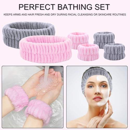 KEYRI 6 Pcs Spa Set Face Wash Wrist Bands for Women & Girls - Soft Elastic Headband & Wrist Bands for Makeup, Bath & Shower (Pink, Gray) - Image 3