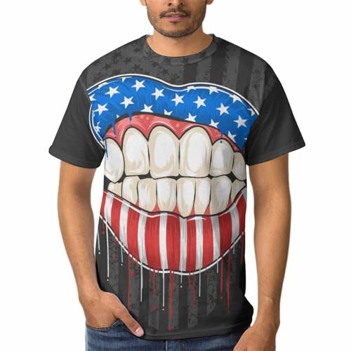 Tee Shirt Manches Courtes Homme en Coton Respirant Imprimé Lèvres USA