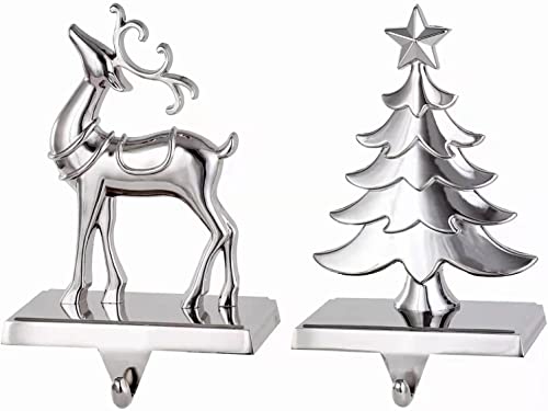 Set of 2 Tree Christmas Stocking Holder for Mantle Reindeer Stocking Hanger Set- Metal Silver Stocking Hooks for Fireplace Mantel Holder for Stocking Xmas Holiday Decor (S-Tree Reindeer, 2)