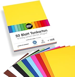 perfect ideaz 50 arkuszy papieru kartonowego A4, karton DIY, barwiony w masie, w 10 różnych kolorach, gramatura 210 g/m², arkusze wysokiej jakości