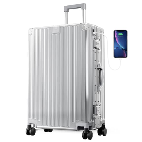 ALPHA CAMP Valise Grand Taille 44x26.5x66CM Valise avec Serrure TSA Valise Rigide à roulettes Polycarbonate et Cadre en Aluminium Valise Argenté Femme Bagage...