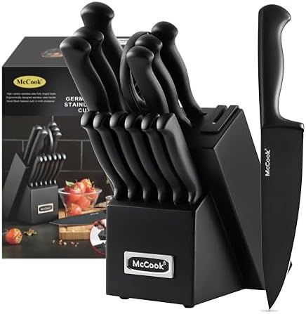 McCook 15-piece black ergonomic knife block set with built-in sharpener