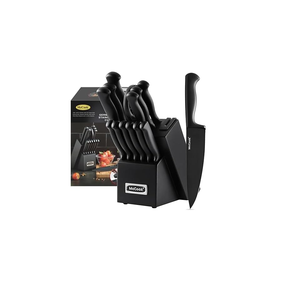 McCook® Knife Sets,German Stainless Steel Knife Block Sets with Built-in Sharpener, Black