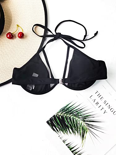 Shein Women's Halter Neck Cut Underwire Out Bikini Top Push Up Swim Top Bathing Suit Top Triangle Swimsuit Top Black Medium #TOP30