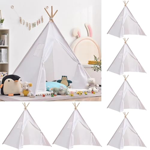Wholelovein 6 PCS Kids Teepee Play Tent, Foldable Washable Tipi Tent Kids Boho Tent, Playhouse for Girls Boys Sleepovers Party Birthday Party (White)