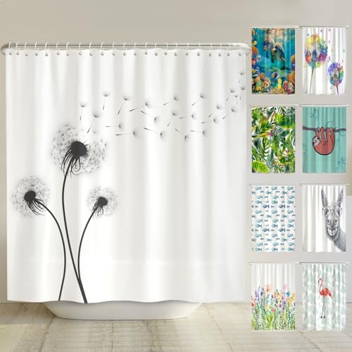 arteneur® - Pusteblume Schwarz und Weiß - Anti-Schimmel Duschvorhang 240x200 - Recycelt mit Öko-Tex Standard 100 - Beschwerter Saum, Blickdicht, Wasserdicht, Waschbar, 16 Ringe