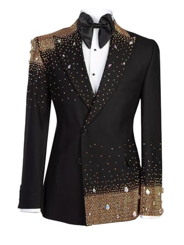 Luxury Men's Tuxedo Jackets with Rheinstones Slim Peaked Lapel Double Breasted Dress Blazers for Wedding,Party,Prom