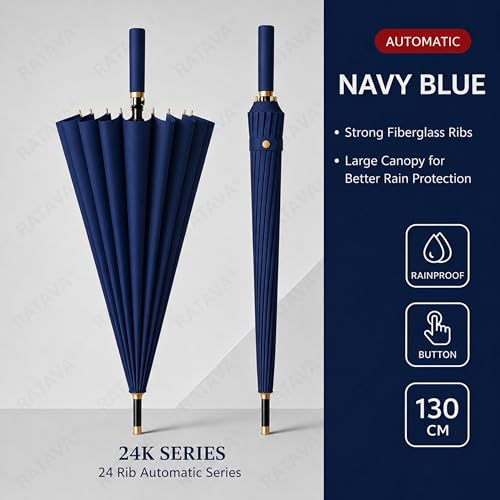 Image of Extra Large 24 Ribs Golf Umbrella - Automatic Open Long Handle, Heavy Duty Windproof Double Canopy, Waterproof & UV Protection Stick Umbrella for Men & Women 1pc